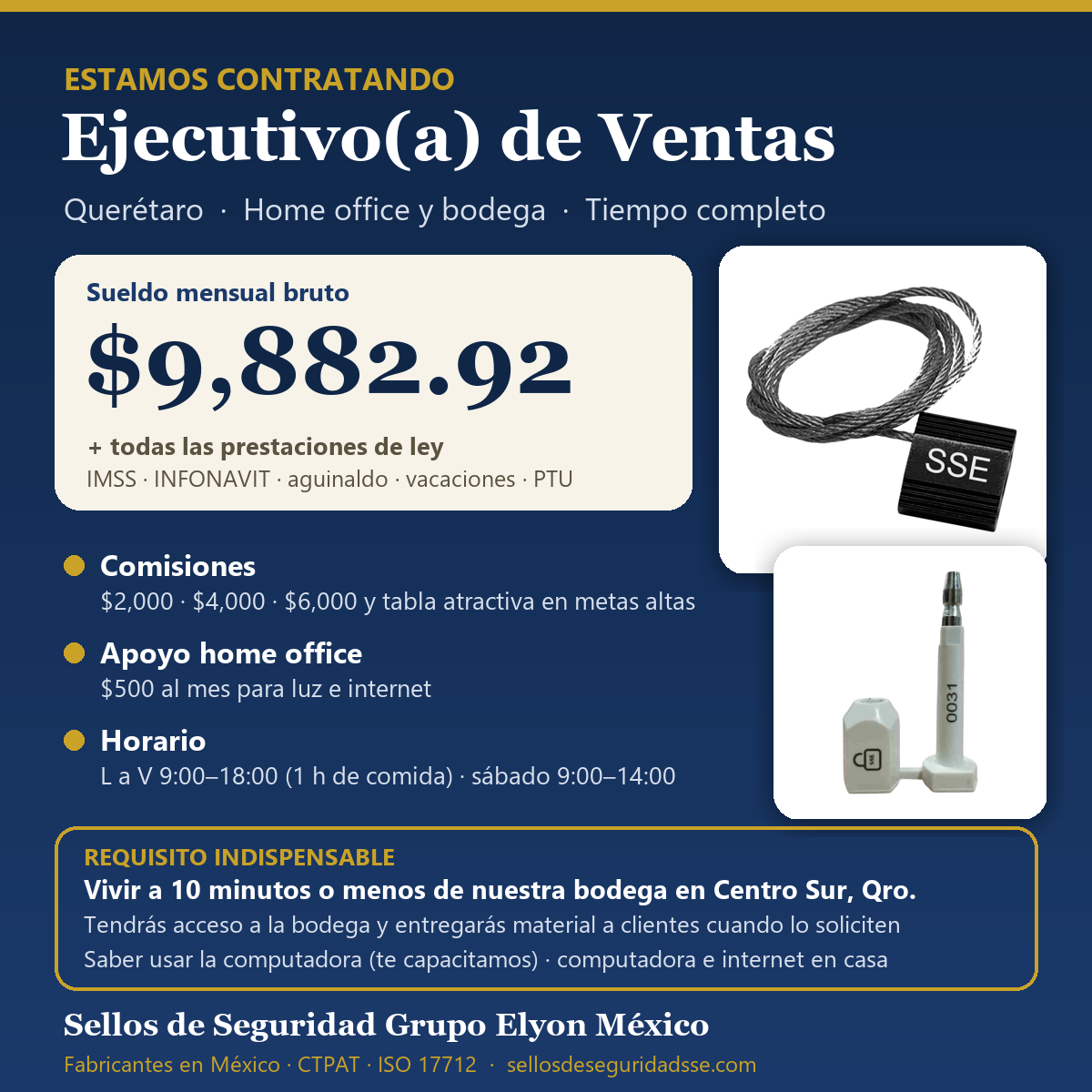 Vacante Ejecutivo(a) de Ventas en Querétaro: sueldo de $9,882.92 al mes, prestaciones de ley y comisiones